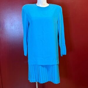 Vintage‎ Papell Too Silk Drop Waist Pleated Dress Turquoise Blue Size 16 NWT
